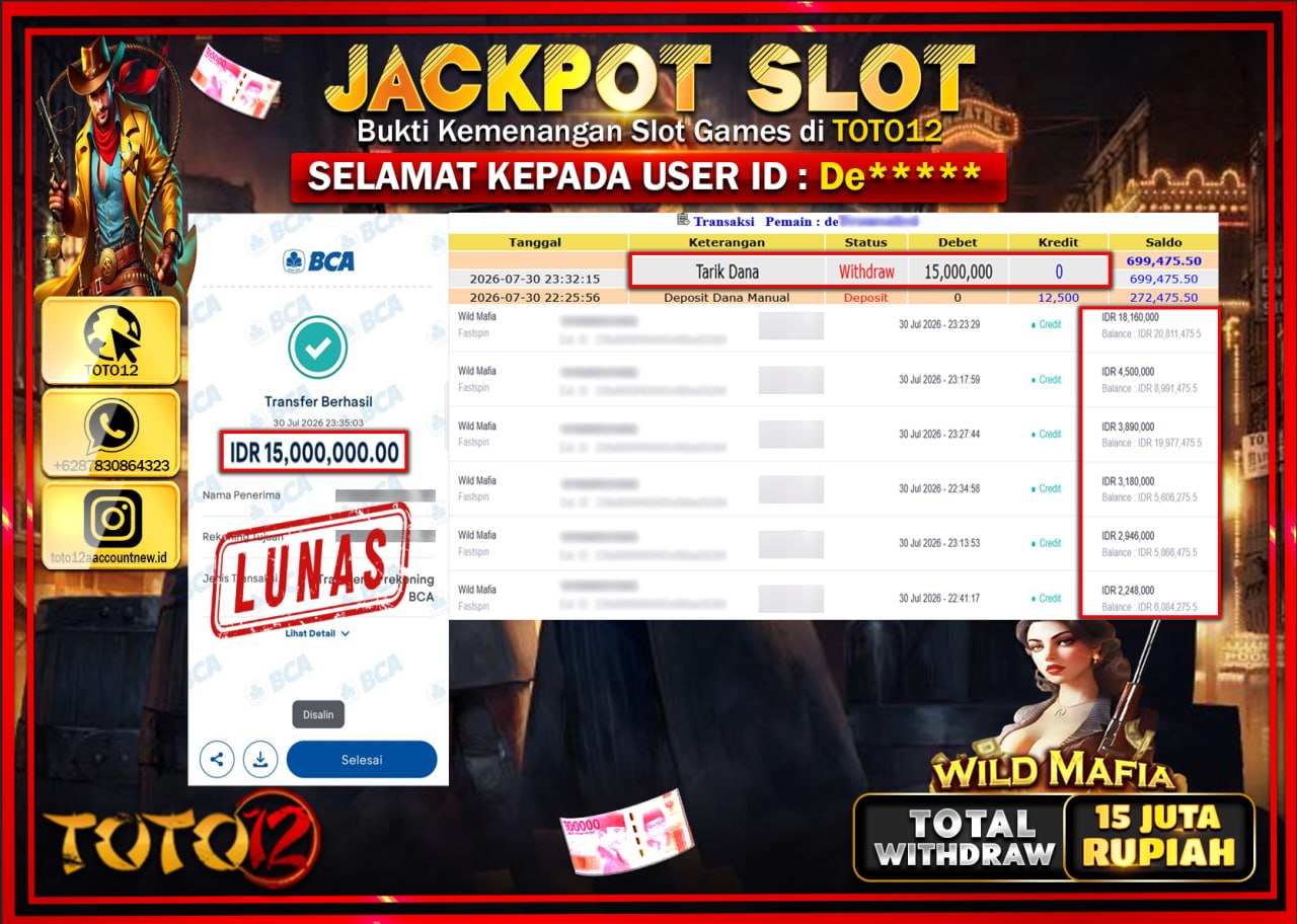 HANYA DI TOTO12 JP PASTI DI BAYAR LUNAS DAN CEPAT!!!!!! JACKPOT SLOT GAME (WILD MAFIA) Rp15.000.000!!!!