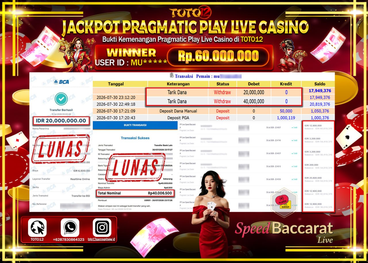 HANYA DI TOTO12 JP PASTI DI BAYAR LUNAS DAN CEPAT!!!!!! JACKPOT PRAGMATIC PLAY LIVE GAME CASINO (PP LIVE SPEED BACCARAT A) Rp60.000.000!!!!