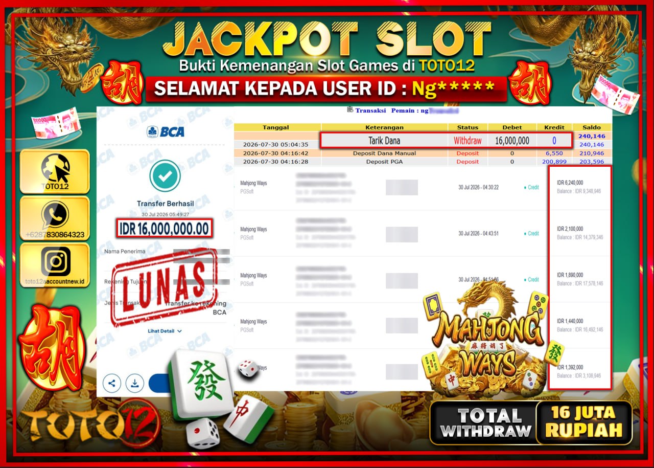 HANYA DI TOTO12 JP PASTI DI BAYAR LUNAS DAN CEPAT!!!!!! JACKPOT SLOT GAME (MAHJONG WAYS) Rp16.000.000!!!!