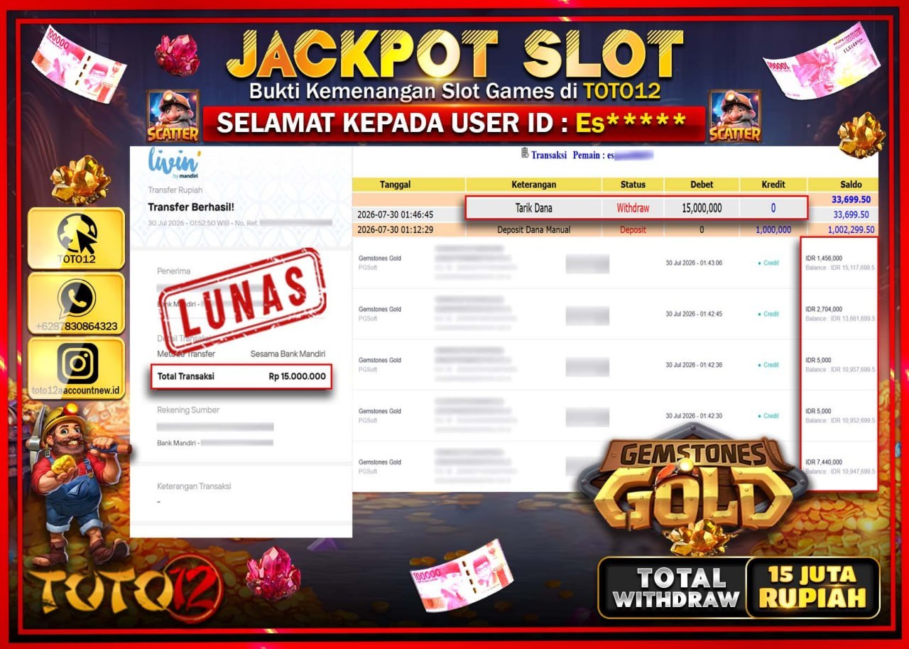 HANYA DI TOTO12 JP PASTI DI BAYAR LUNAS DAN CEPAT!!!!!! JACKPOT SLOT GAME (GEMSTONES GOLD) Rp15.000.000!!!!