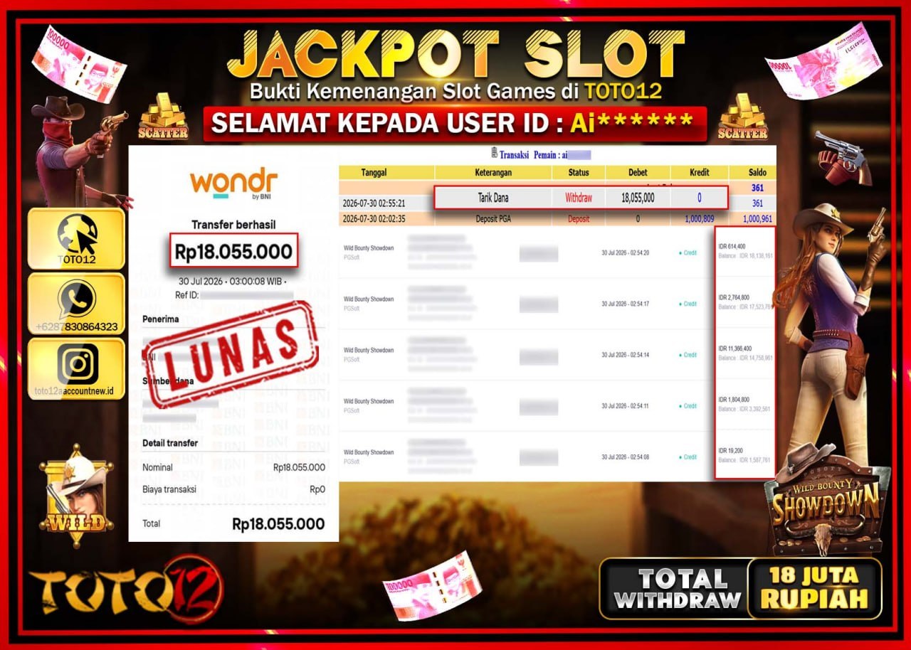 HANYA DI TOTO12 JP PASTI DI BAYAR LUNAS DAN CEPAT!!!!!! JACKPOT SLOT GAME (WILD BOUNTY) Rp18.055.000!!!!