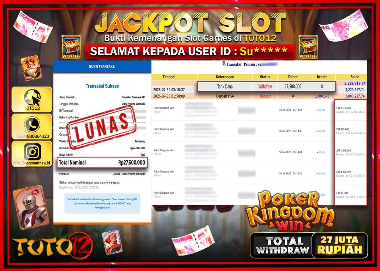 HANYA DI TOTO12 JP PASTI DI BAYAR LUNAS DAN CEPAT!!!!!! JACKPOT SLOT GAME (POKER KINGDOM WIN) Rp27.500.000!!!!