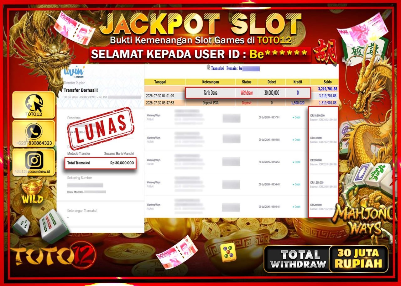 HANYA DI TOTO12 JP PASTI DI BAYAR LUNAS DAN CEPAT!!!!!! JACKPOT SLOT GAME (MAHJONG WAYS) Rp30.000.000!!!!