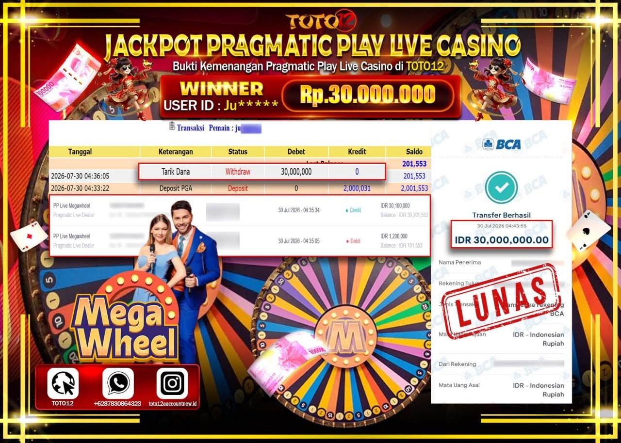 HANYA DI TOTO12 JP PASTI DI BAYAR LUNAS DAN CEPAT!!!!!! JACKPOT PRAGMATIC PLAY LIVE GAME CASINO (PP LIVE MEGAWHEEL) Rp30.000.000!!!!
