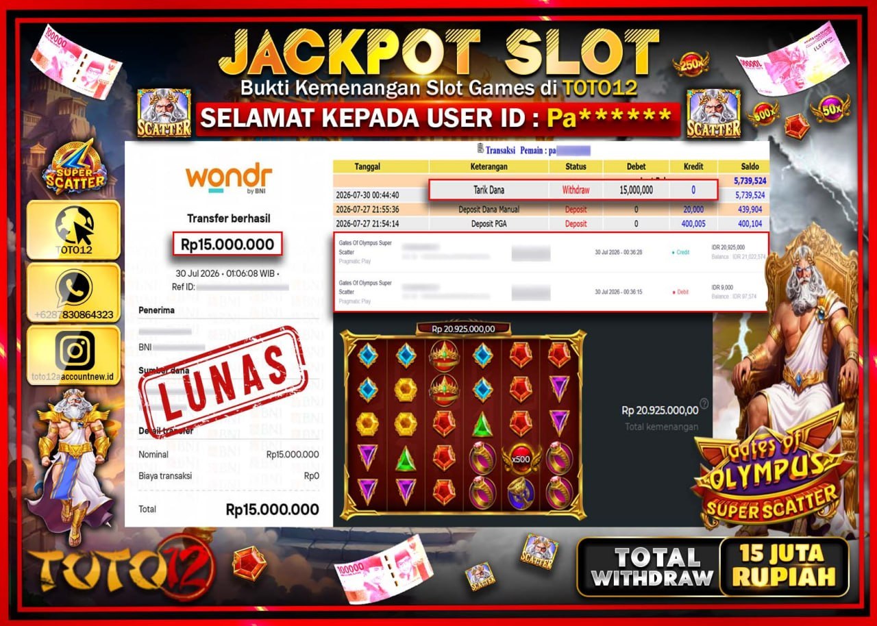 HANYA DI TOTO12 JP PASTI DI BAYAR LUNAS DAN CEPAT!!!!!! JACKPOT SLOT GAME (GATES OF OLYMPUS SUPER SCATTER) Rp15.000.000!!!!