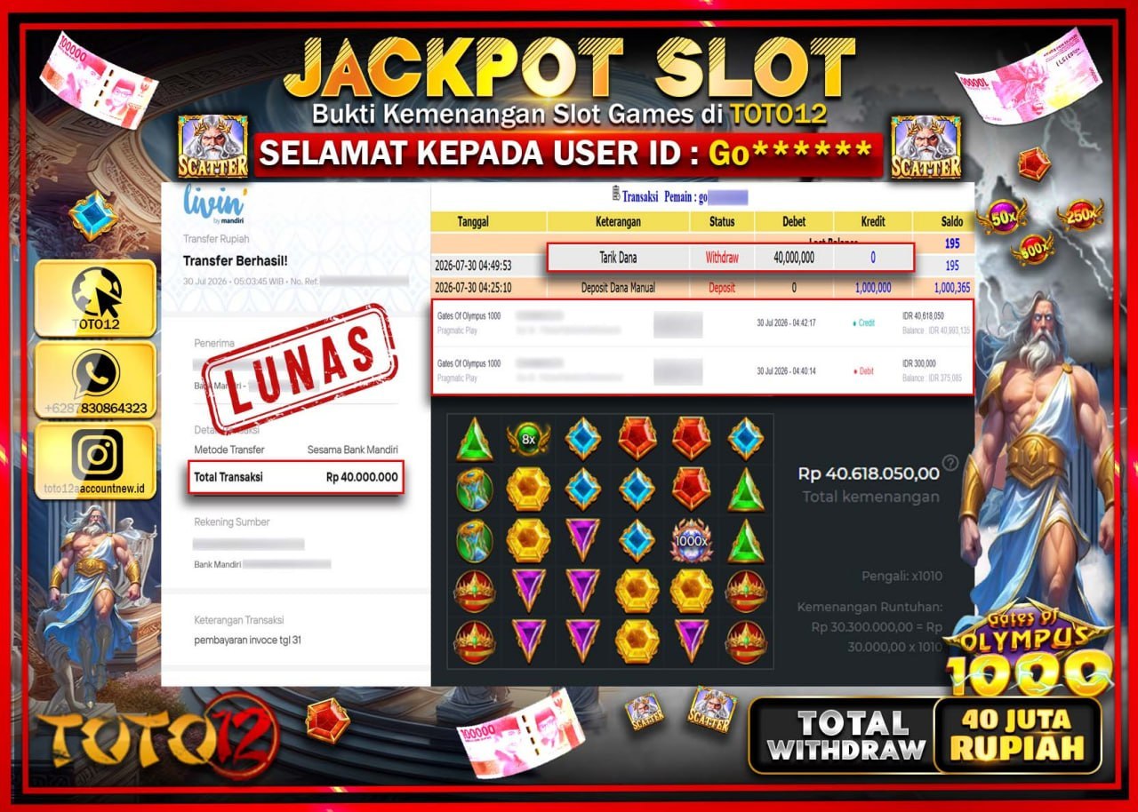 HANYA DI TOTO12 JP PASTI DI BAYAR LUNAS DAN CEPAT!!!!!! JACKPOT SLOT GAME (GATES OF OLYMPUS 1000) Rp40.000.000!!!!