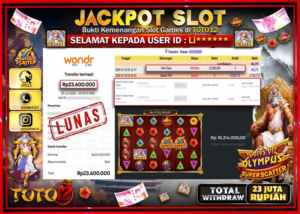 HANYA DI TOTO12 JP PASTI DI BAYAR LUNAS DAN CEPAT!!!!!! JACKPOT SLOT GAME (GATES OF OLYMPUS SUPER SCATTER) Rp23.600.000!!!!