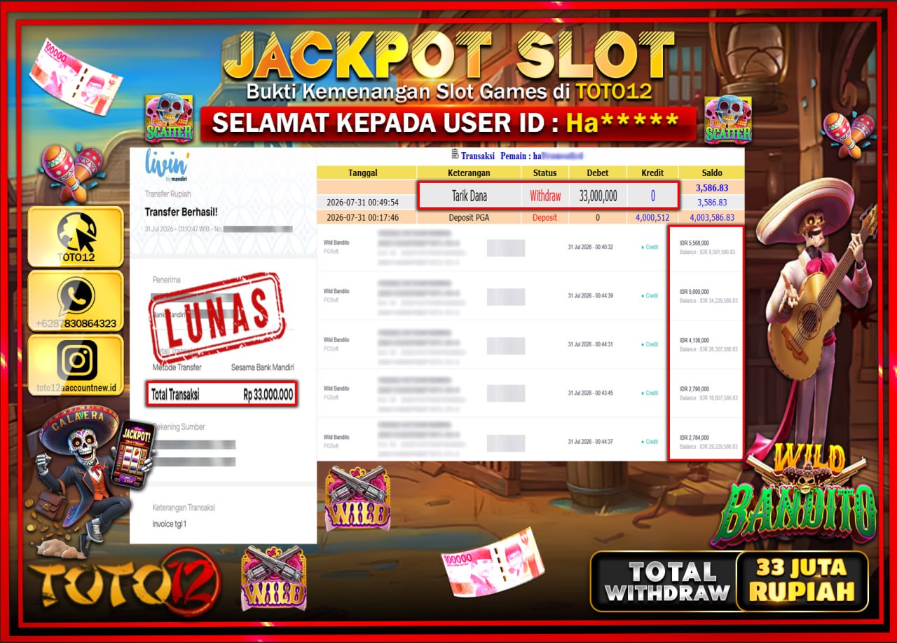 HANYA DI TOTO12 JP PASTI DI BAYAR LUNAS DAN CEPAT!!!!!! JACKPOT SLOT GAME (WILD BANDITO) Rp33.000.000!!!!