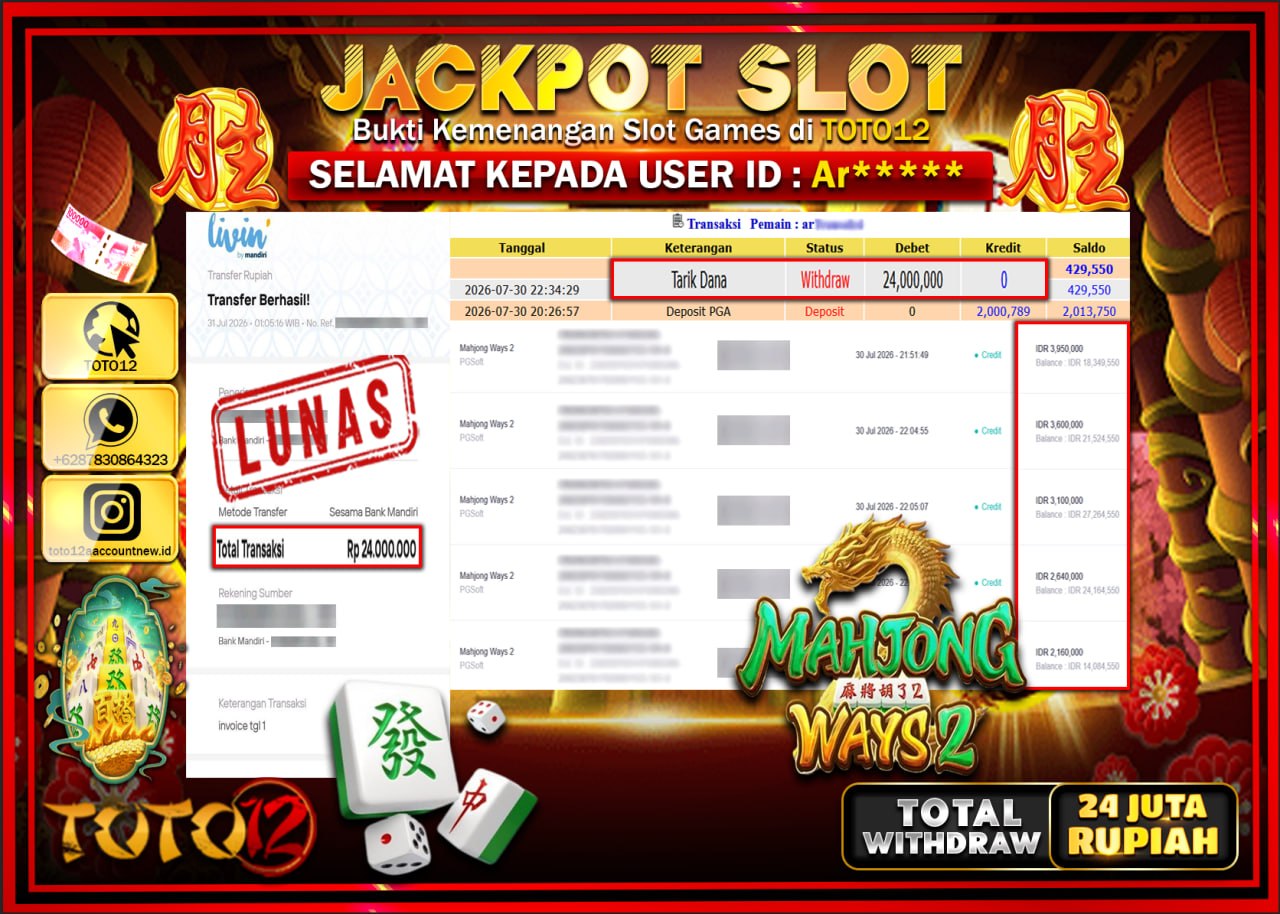 HANYA DI TOTO12 JP PASTI DI BAYAR LUNAS DAN CEPAT!!!!!! JACKPOT SLOT GAME (MAHJONG WAYS 2) Rp24.000.000!!!!