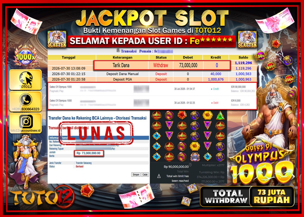 HANYA DI TOTO12 JP PASTI DI BAYAR LUNAS DAN CEPAT!!!!!! JACKPOT SLOT GAME (GATES OF OLYMPUS 1000) Rp73.000.000!!!!