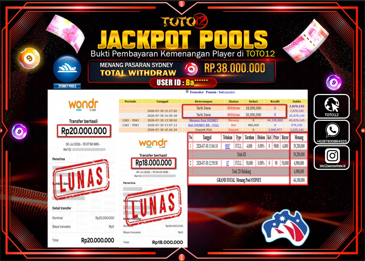 HANYA DI TOTO12 JP PASTI DI BAYAR LUNAS DAN CEPAT!!!!!! JACKPOT POOLS PASARAN (SYDNEY) Rp38.000.000!!!!