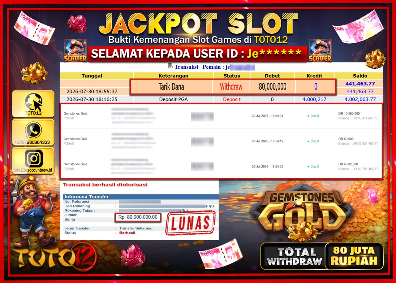 HANYA DI TOTO12 JP PASTI DI BAYAR LUNAS DAN CEPAT!!!!!! JACKPOT SLOT GAME (GEMSTONES GOLD) Rp80.000.000!!!!