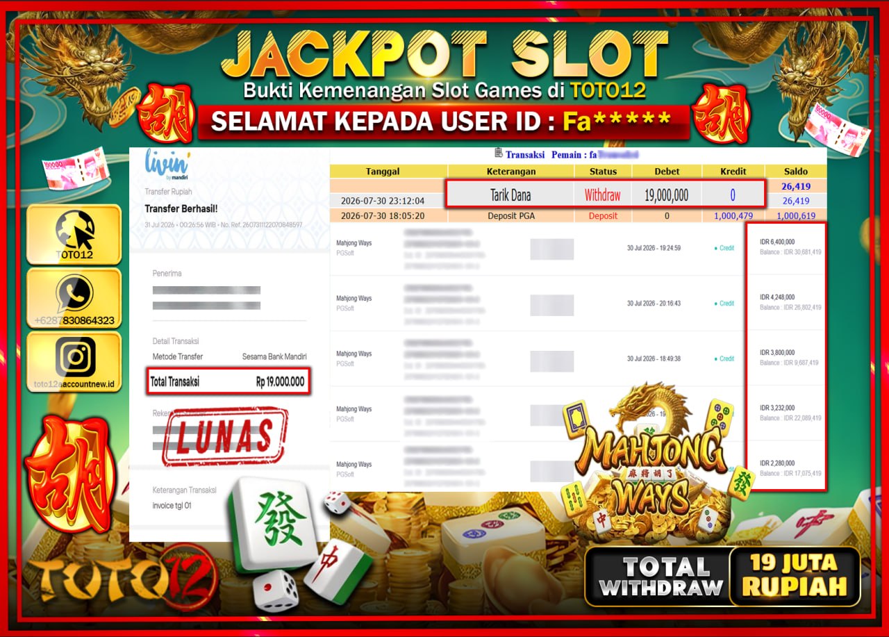 HANYA DI TOTO12 JP PASTI DI BAYAR LUNAS DAN CEPAT!!!!!! JACKPOT SLOT GAME (MAHJONG WAYS) Rp19.000.000!!!!