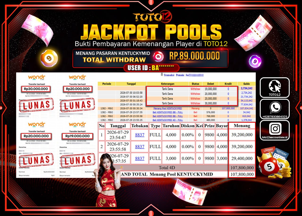 HANYA DI TOTO12 JP PASTI DI BAYAR LUNAS DAN CEPAT!!!!!! JACKPOT POOLS PASARAN (KENTUCKYMID) Rp89.000.000!!!!
