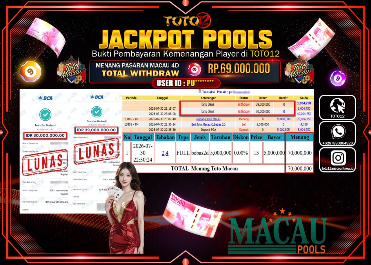 HANYA DI TOTO12 JP PASTI DI BAYAR LUNAS DAN CEPAT!!!!!! JACKPOT POOLS PASARAN (MACAU 4D) Rp69.000.000!!!!