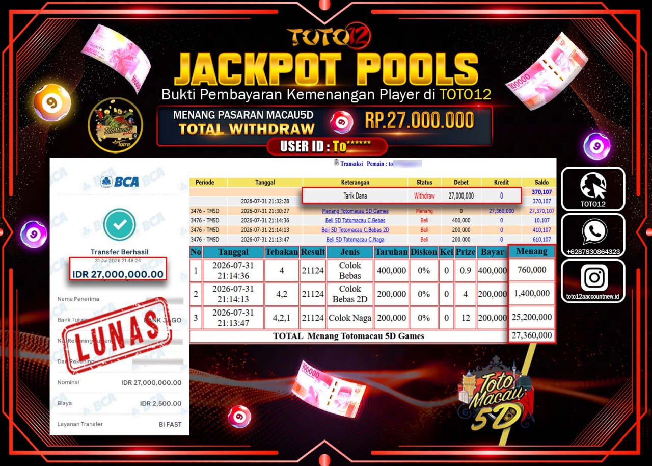 HANYA DI TOTO12 JP PASTI DI BAYAR LUNAS DAN CEPAT!!!!!! JACKPOT POOLS PASARAN (MACAU 5D) Rp27.000.000!!!!