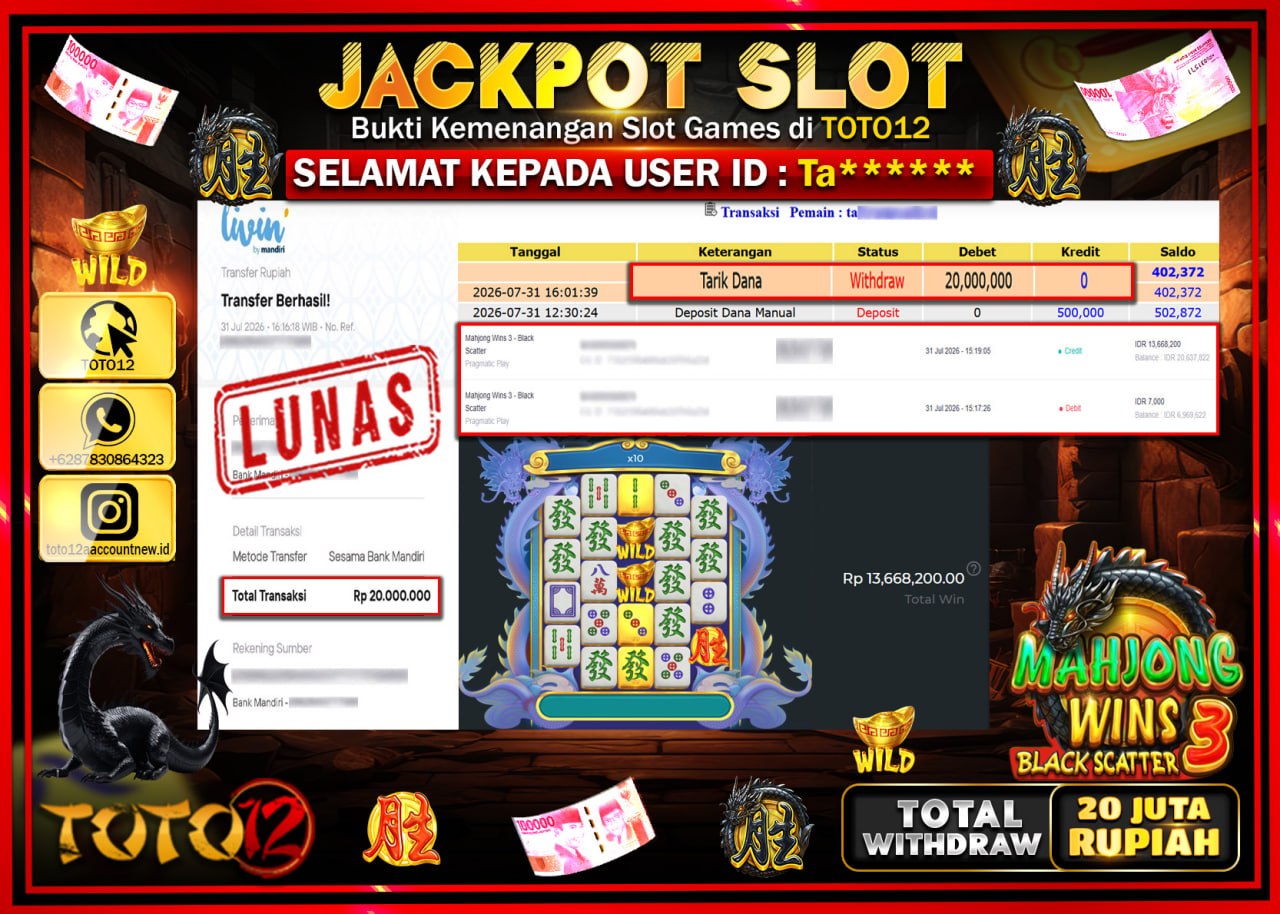 HANYA DI TOTO12 JP PASTI DI BAYAR LUNAS DAN CEPAT!!!!!! JACKPOT SLOT GAME (MAHJONG WINS 3 BLACK SCATTER) Rp20.000.000!!!!