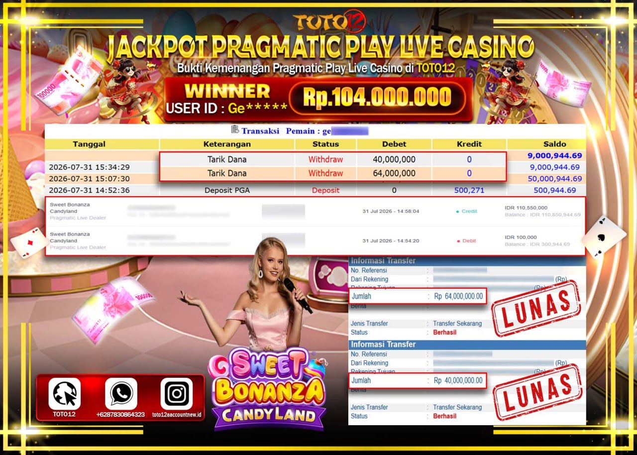 HANYA DI TOTO12 JP PASTI DI BAYAR LUNAS DAN CEPAT!!!!!! JACKPOT PRAGMATIC PLAY LIVE GAME CASINO (SWEET BONANZA CANDYLAND) Rp104.000.000!!!!