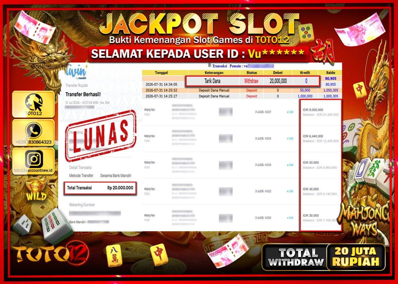 HANYA DI TOTO12 JP PASTI DI BAYAR LUNAS DAN CEPAT!!!!!! JACKPOT SLOT GAME (MAHJONG WAYS) Rp20.000.000!!!!