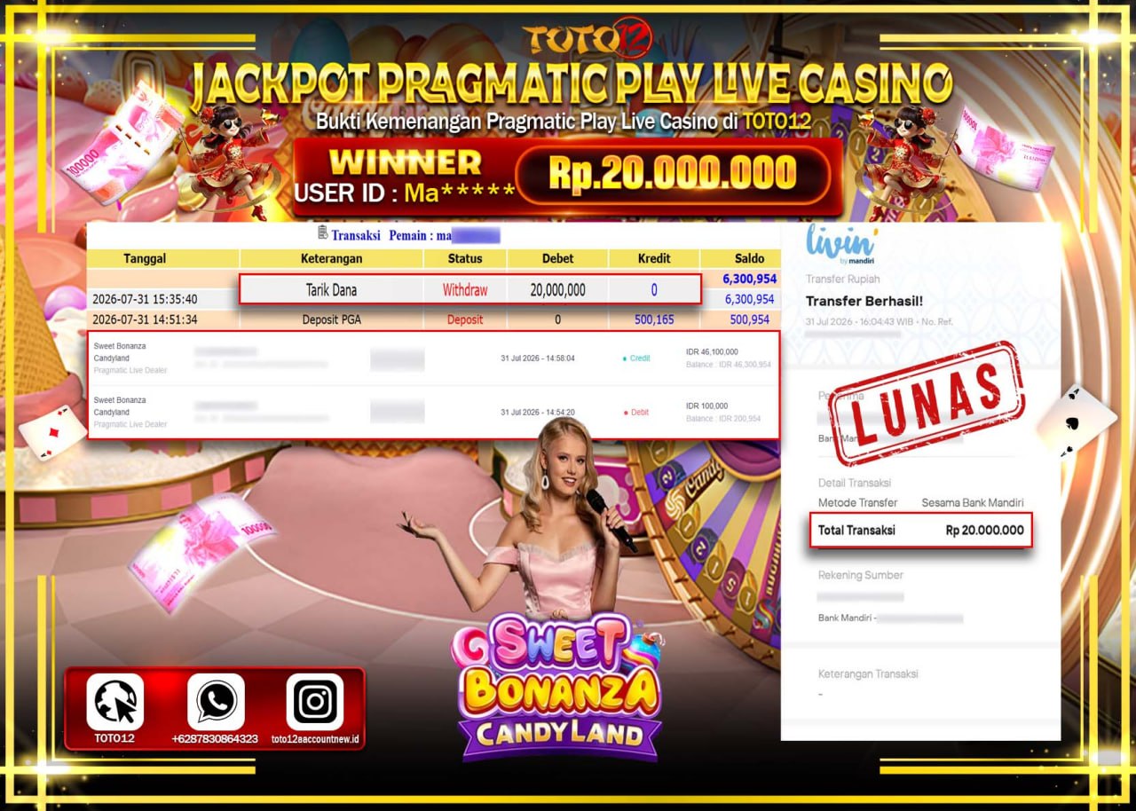 HANYA DI TOTO12 JP PASTI DI BAYAR LUNAS DAN CEPAT!!!!!! JACKPOT PRAGMATIC PLAY LIVE GAME CASINO (SWEET BONANZA CANDYLAND) Rp20.000.000!!!!