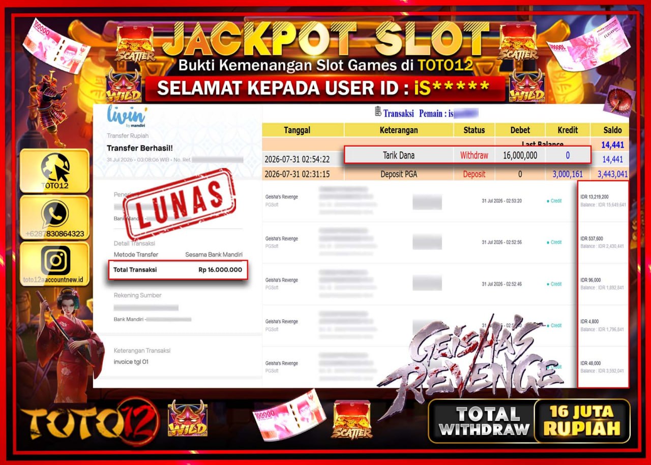 HANYA DI TOTO12 JP PASTI DI BAYAR LUNAS DAN CEPAT!!!!!! JACKPOT SLOT GAME (GEISHAS REVENGE) Rp16.000.000!!!!