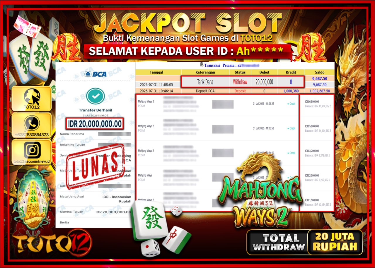 HANYA DI TOTO12 JP PASTI DI BAYAR LUNAS DAN CEPAT!!!!!! JACKPOT SLOT GAME (MAHJONG WAYS 2) Rp20.000.000!!!!