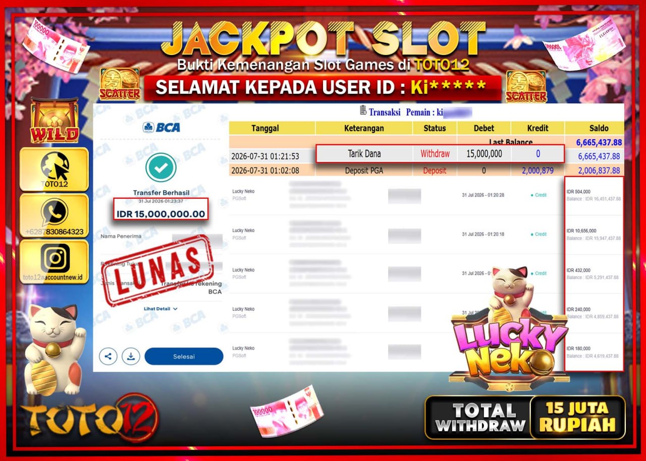 HANYA DI TOTO12 JP PASTI DI BAYAR LUNAS DAN CEPAT!!!!!! JACKPOT SLOT GAME (LUCKY NEKO) Rp15.000.000!!!!