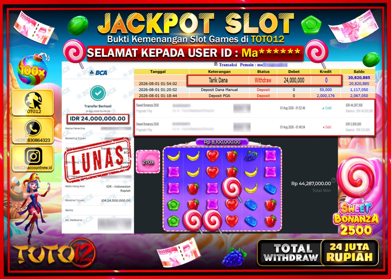 HANYA DI TOTO12 JP PASTI DI BAYAR LUNAS DAN CEPAT!!!!!! JACKPOT SLOT GAME (SWEET BONANZA 2500) Rp24.000.000!!!!