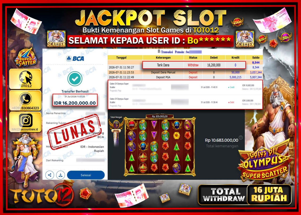 HANYA DI TOTO12 JP PASTI DI BAYAR LUNAS DAN CEPAT!!!!!! JACKPOT SLOT GAME (GATES OF OLYMPUS SUPER SCATTER) Rp16.200.000!!!!