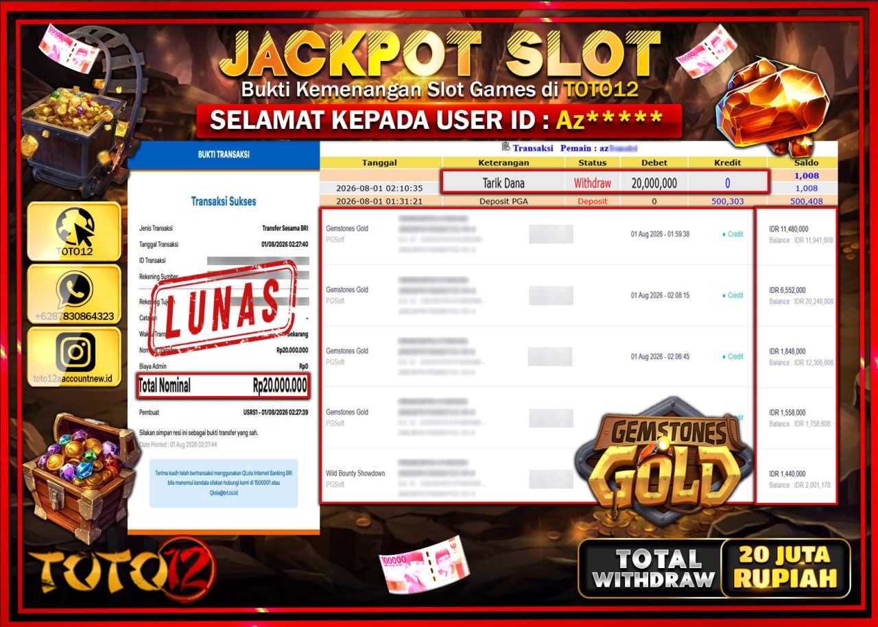 HANYA DI TOTO12 JP PASTI DI BAYAR LUNAS DAN CEPAT!!!!!! JACKPOT SLOT GAME (GEMSTONES GOLD) Rp20.000.000!!!!
