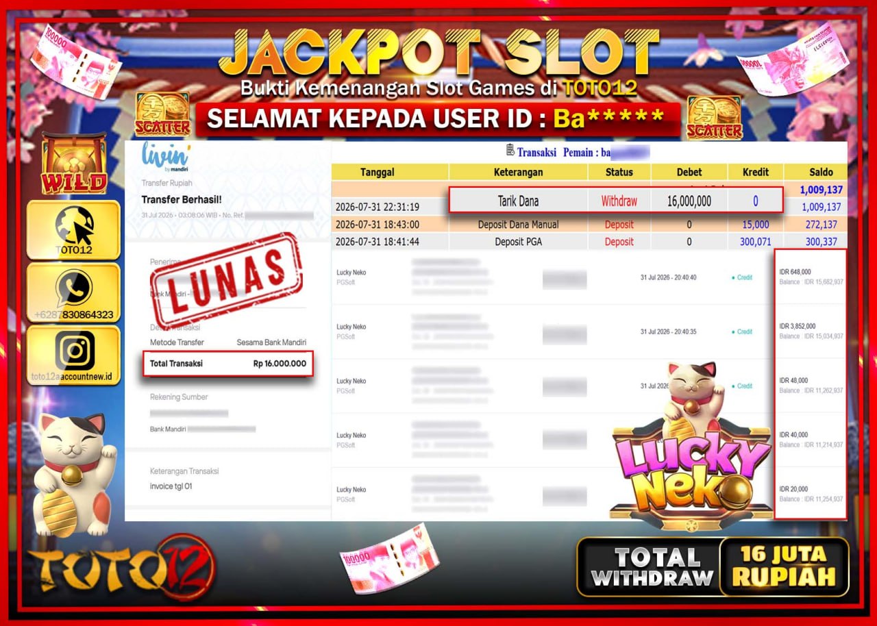 HANYA DI TOTO12 JP PASTI DI BAYAR LUNAS DAN CEPAT!!!!!! JACKPOT SLOT GAME (LUCKY NEKO) Rp16.000.000!!!!