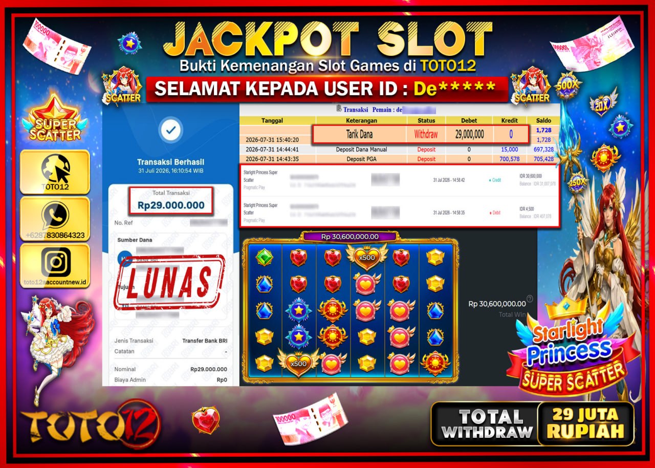 HANYA DI TOTO12 JP PASTI DI BAYAR LUNAS DAN CEPAT!!!!!! JACKPOT SLOT GAME (STARLIGHT PRINCESS SUPER SCATTER) Rp29.000.000!!!!