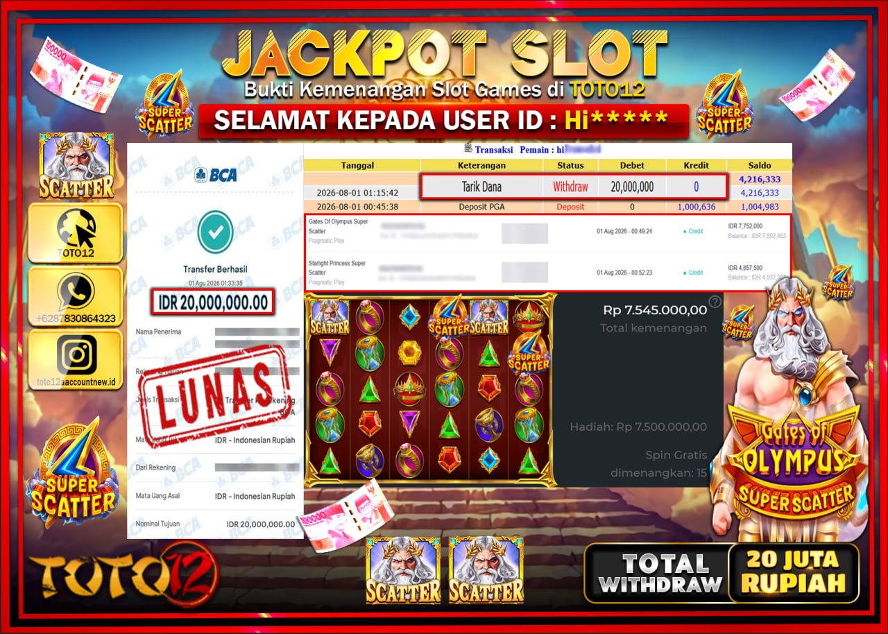 HANYA DI TOTO12 JP PASTI DI BAYAR LUNAS DAN CEPAT!!!!!! JACKPOT SLOT GAME (GATES OF OLYMPUS SUPER SCATTER) Rp20.000.000!!!!