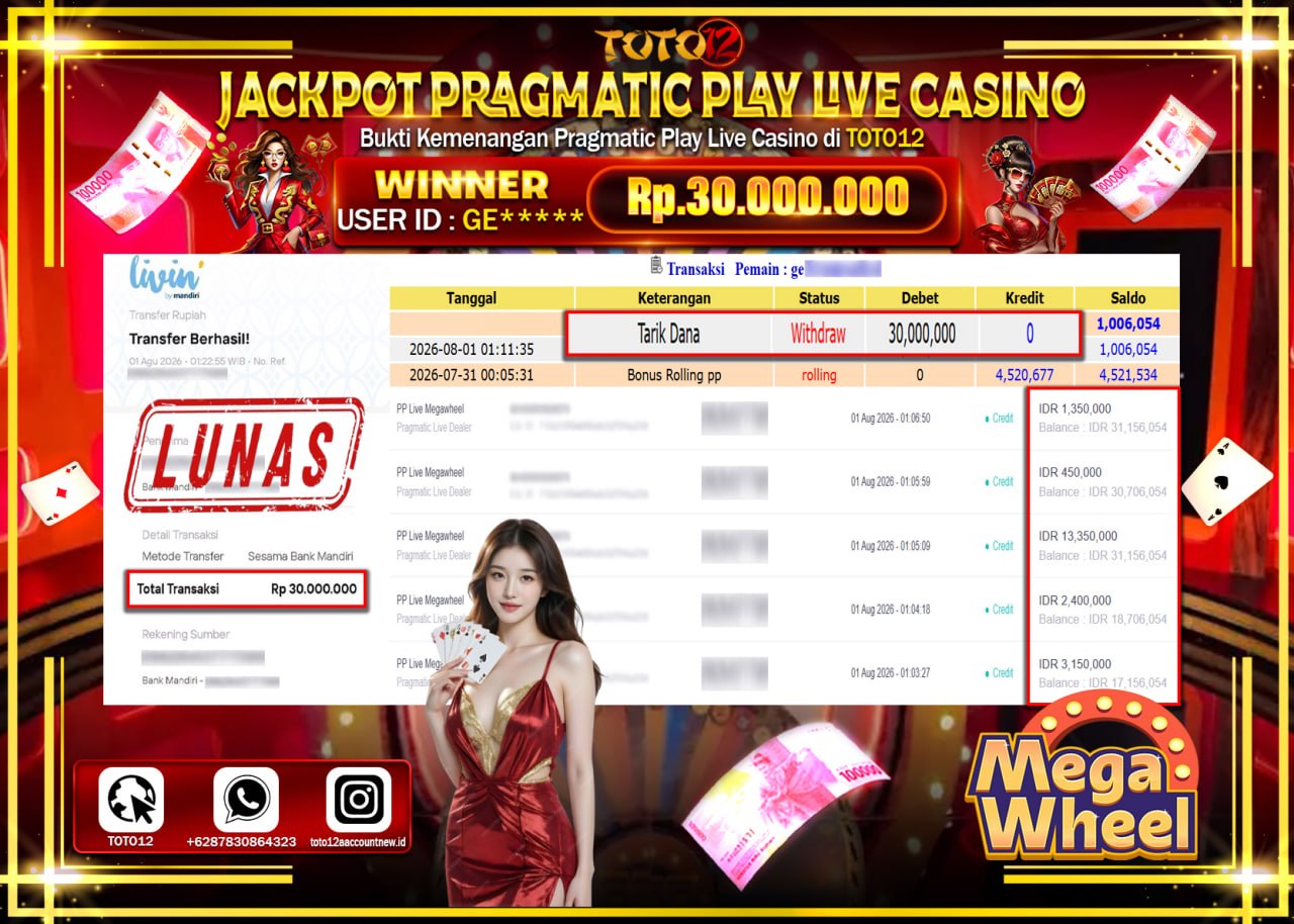 HANYA DI TOTO12 JP PASTI DI BAYAR LUNAS DAN CEPAT!!!!!! JACKPOT PRAGMATIC PLAY LIVE GAME CASINO (PP LIVE MEGAWHEEL) Rp30.000.000!!!!