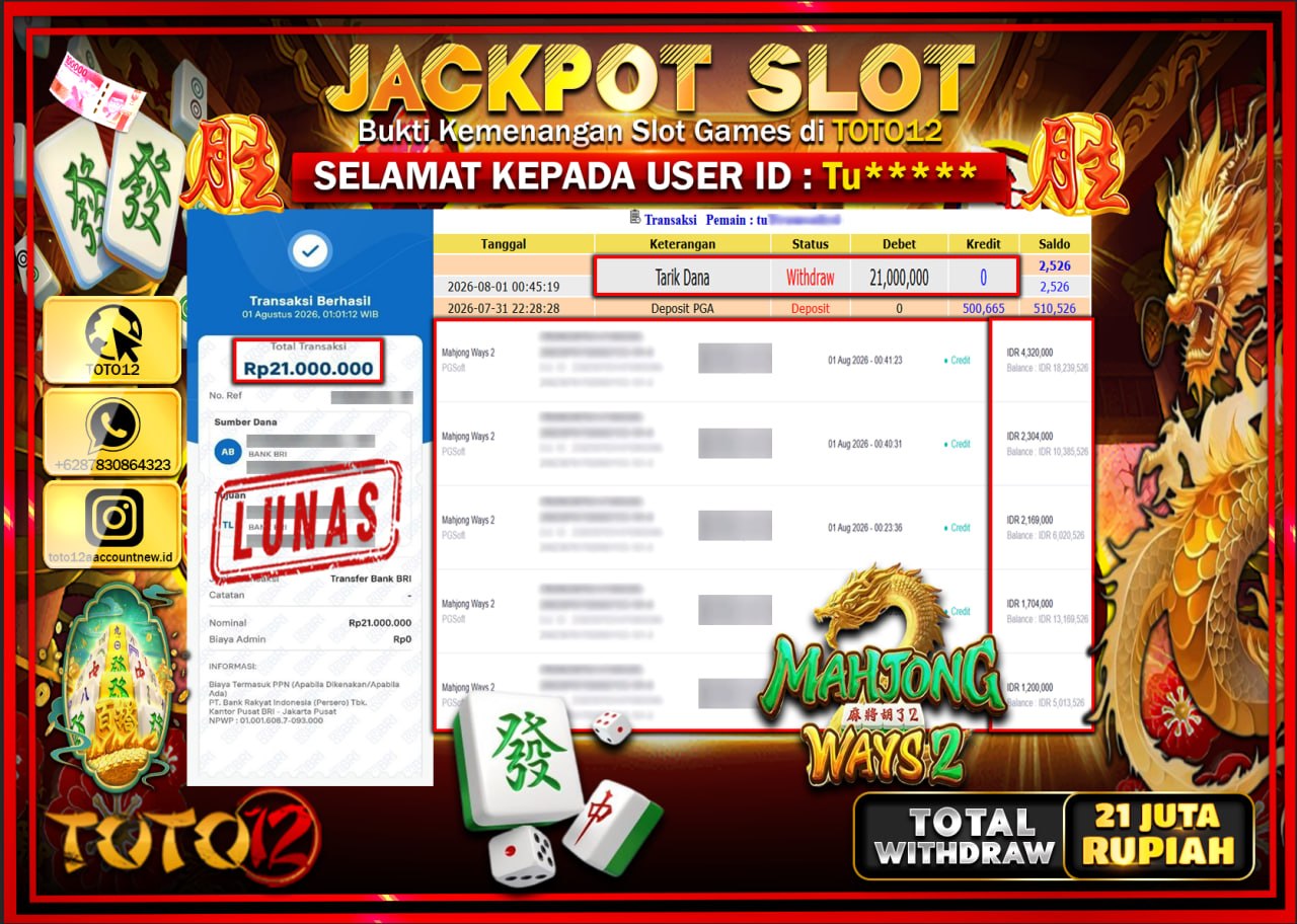 HANYA DI TOTO12 JP PASTI DI BAYAR LUNAS DAN CEPAT!!!!!! JACKPOT SLOT GAME (MAHJONG WAYS 2) Rp21.000.000!!!!