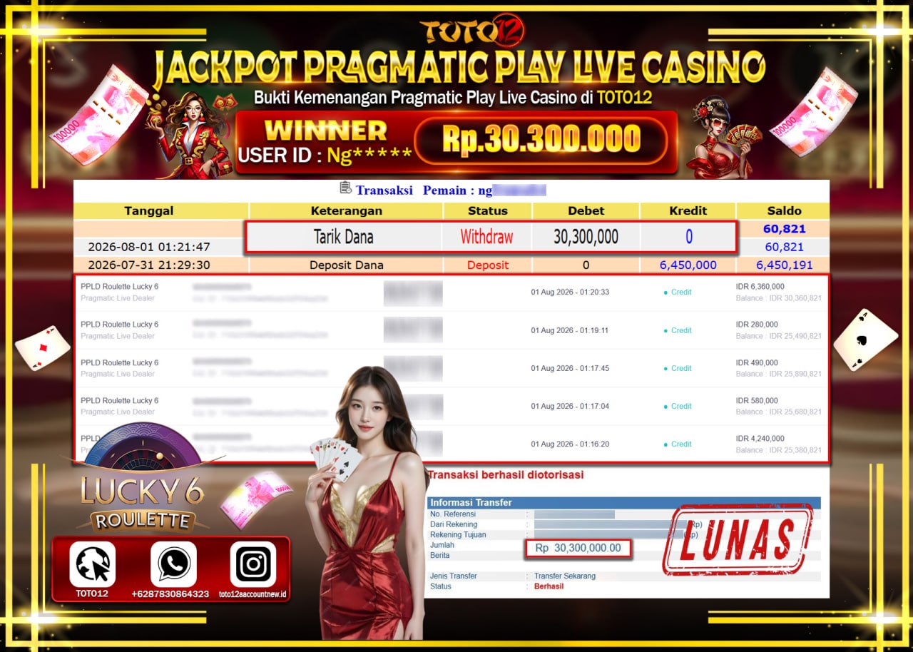 HANYA DI TOTO12 JP PASTI DI BAYAR LUNAS DAN CEPAT!!!!!! JACKPOT PRAGMATIC PLAY LIVE GAME CASINO (PPLD ROULETTE LUCKY 6) Rp30.300.000!!!!