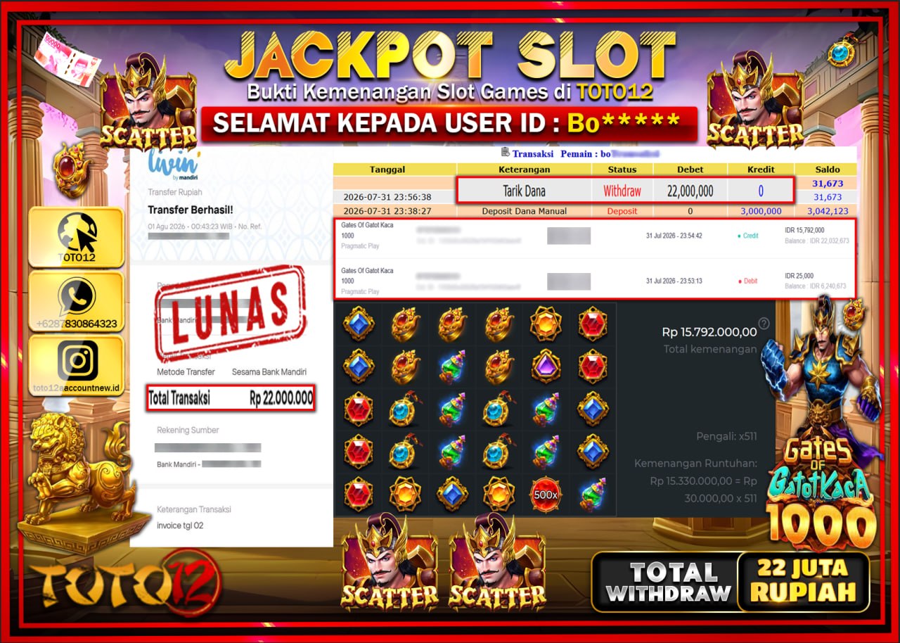 HANYA DI TOTO12 JP PASTI DI BAYAR LUNAS DAN CEPAT!!!!!! JACKPOT SLOT GAME (GATES OF GATOT KACA 1000) Rp22.000.000!!!!