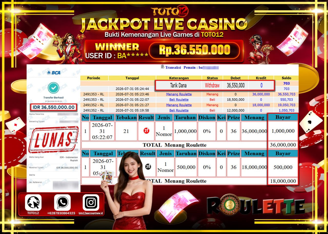 HANYA DI TOTO12 JP PASTI DI BAYAR LUNAS DAN CEPAT!!!!!! JACKPOT  LIVE GAME CASINO (ROULETTE) Rp36.550.000!!!!