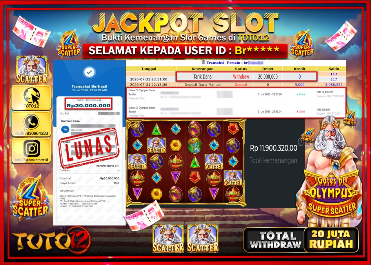 HANYA DI TOTO12 JP PASTI DI BAYAR LUNAS DAN CEPAT!!!!!! JACKPOT SLOT GAME (GATES OF OLYMPUS SUPER SCATTER) Rp20.000.000!!!!