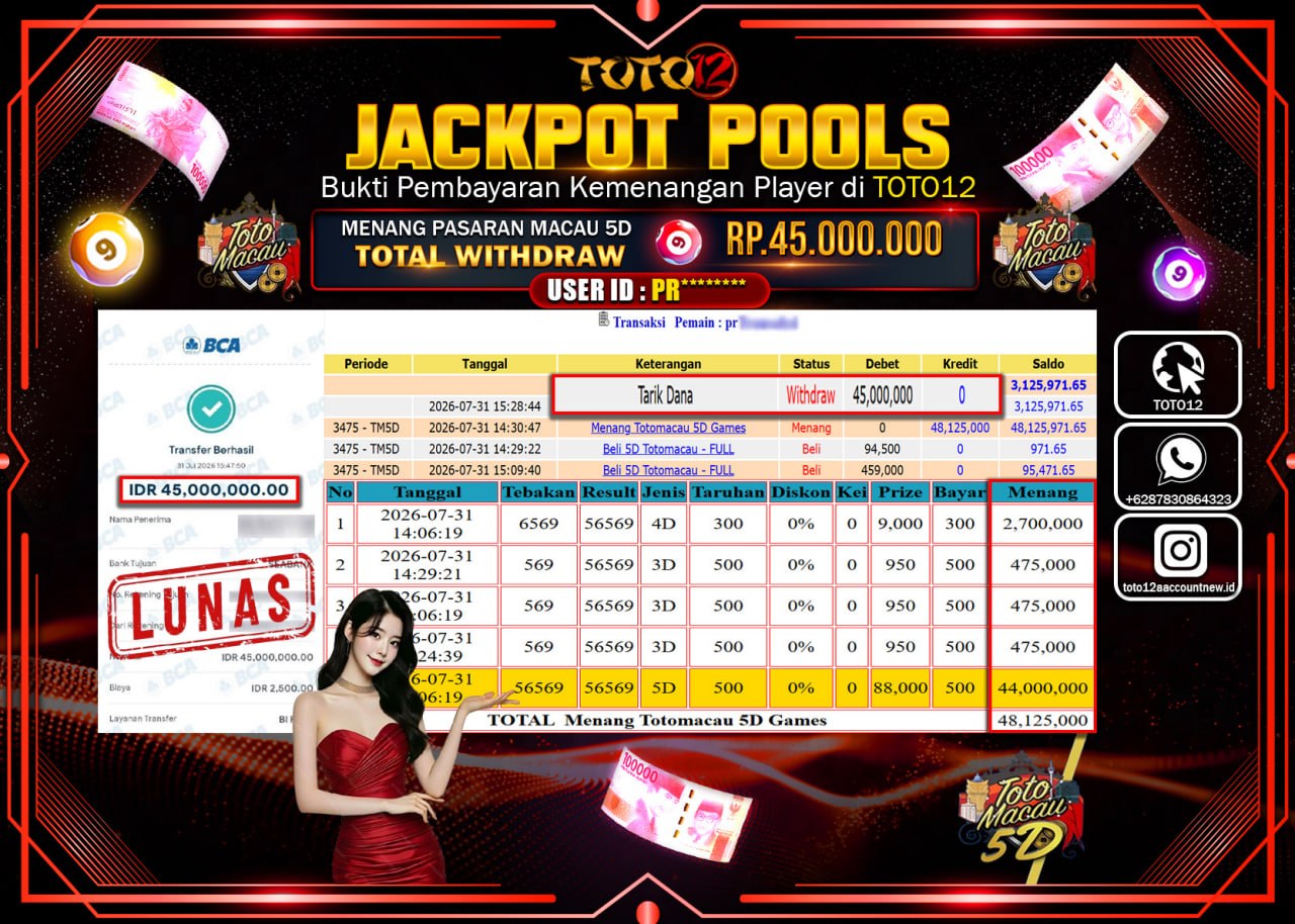 HANYA DI TOTO12 JP PASTI DI BAYAR LUNAS DAN CEPAT!!!!!! JACKPOT POOLS PASARAN (MACAU 5D) Rp45.000.000!!!!
