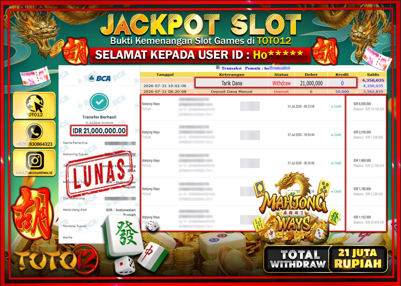 HANYA DI TOTO12 JP PASTI DI BAYAR LUNAS DAN CEPAT!!!!!! JACKPOT SLOT GAME (MAHJONG WAYS) Rp21.000.000!!!!