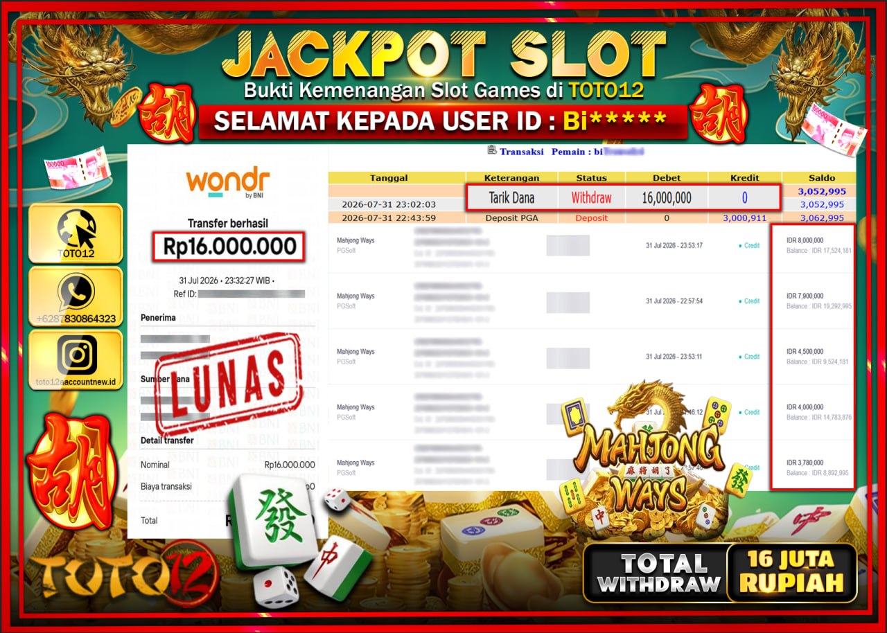 HANYA DI TOTO12 JP PASTI DI BAYAR LUNAS DAN CEPAT!!!!!! JACKPOT SLOT GAME (MAHJONG WAYS) Rp16.000.000!!!!