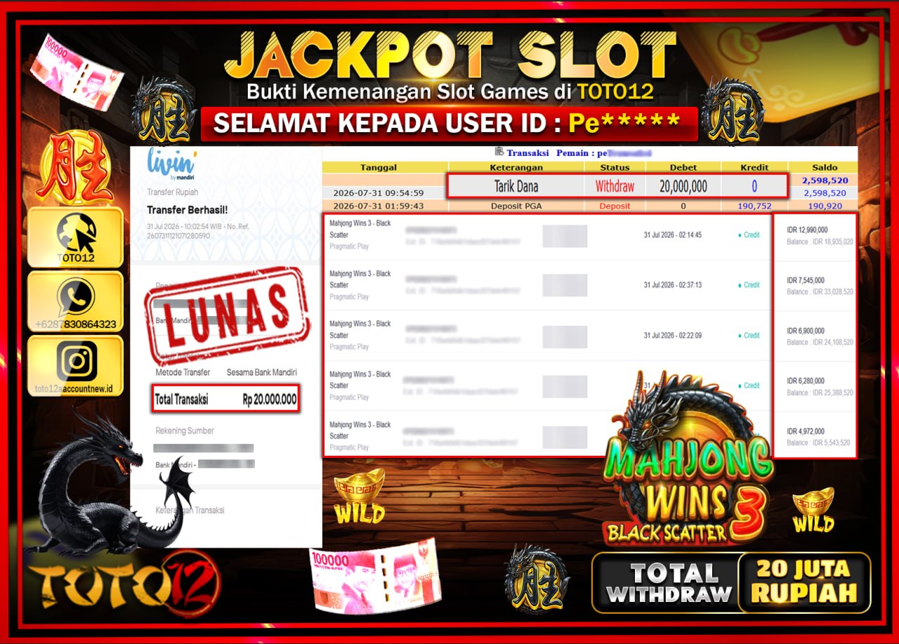 HANYA DI TOTO12 JP PASTI DI BAYAR LUNAS DAN CEPAT!!!!!! JACKPOT SLOT GAME (MAHJONG WINS 3 BALCK SCATTER) Rp20.000.000!!!!