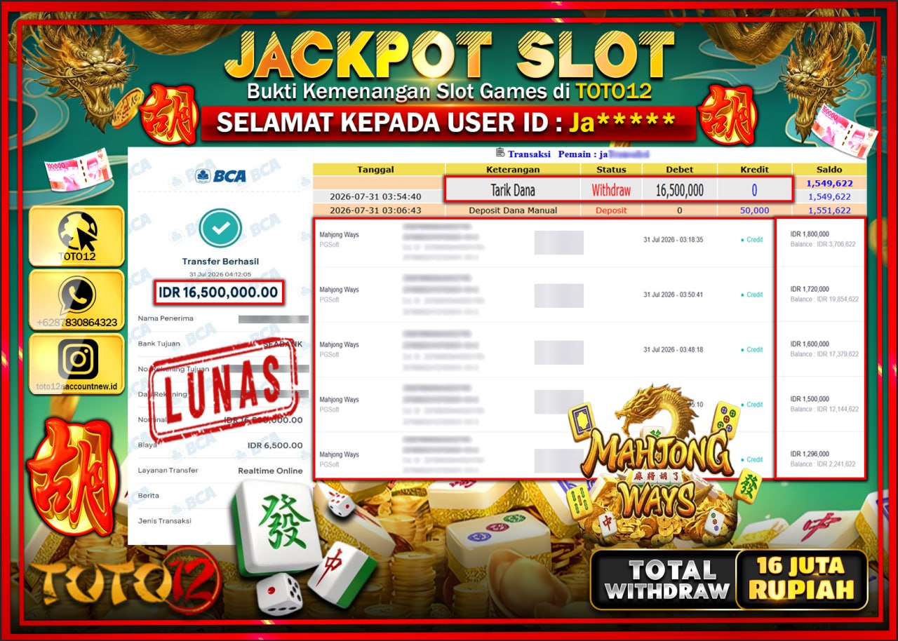 HANYA DI TOTO12 JP PASTI DI BAYAR LUNAS DAN CEPAT!!!!!! JACKPOT SLOT GAME (MAHJONG WAYS) Rp16.500.000!!!!