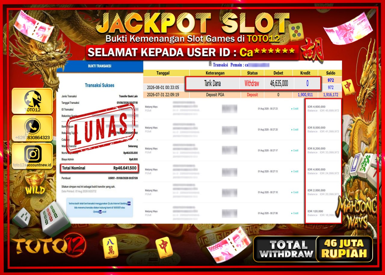 HANYA DI TOTO12 JP PASTI DI BAYAR LUNAS DAN CEPAT!!!!!! JACKPOT SLOT GAME (MAHJONG WAYS) Rp46.635.000!!!!