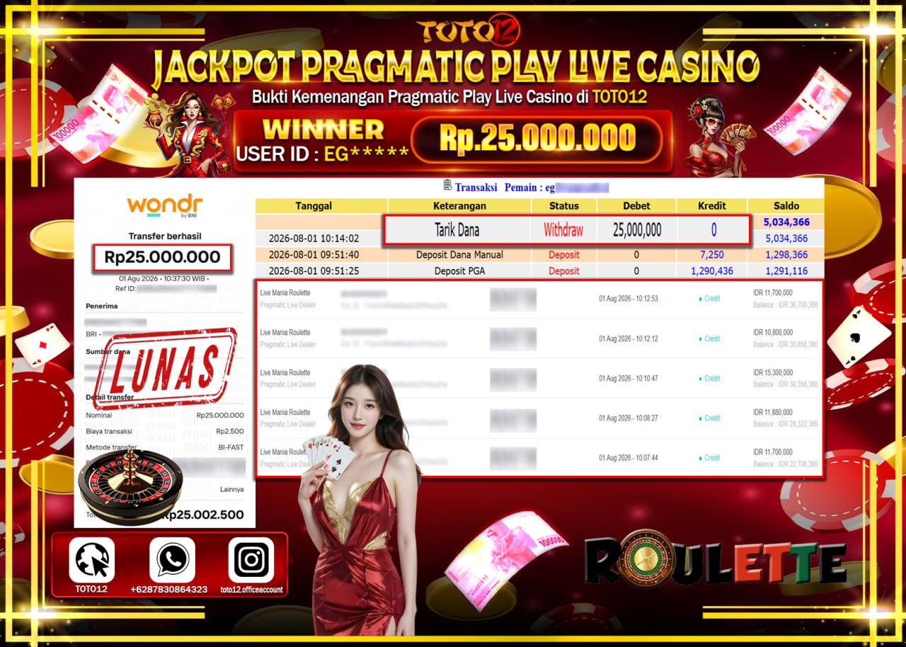 HANYA DI TOTO12 JP PASTI DI BAYAR LUNAS DAN CEPAT!!!!!! JACKPOT PRAGMATIC PLAY LIVE GAME CASINO (LIVE MANIA ROULETTE) Rp25.000.000!!!!