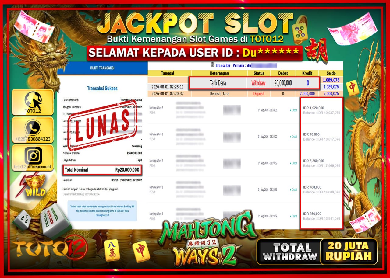 HANYA DI TOTO12 JP PASTI DI BAYAR LUNAS DAN CEPAT!!!!!! JACKPOT SLOT GAME (MAHJONG WAYS 2) Rp20.000.000!!!!