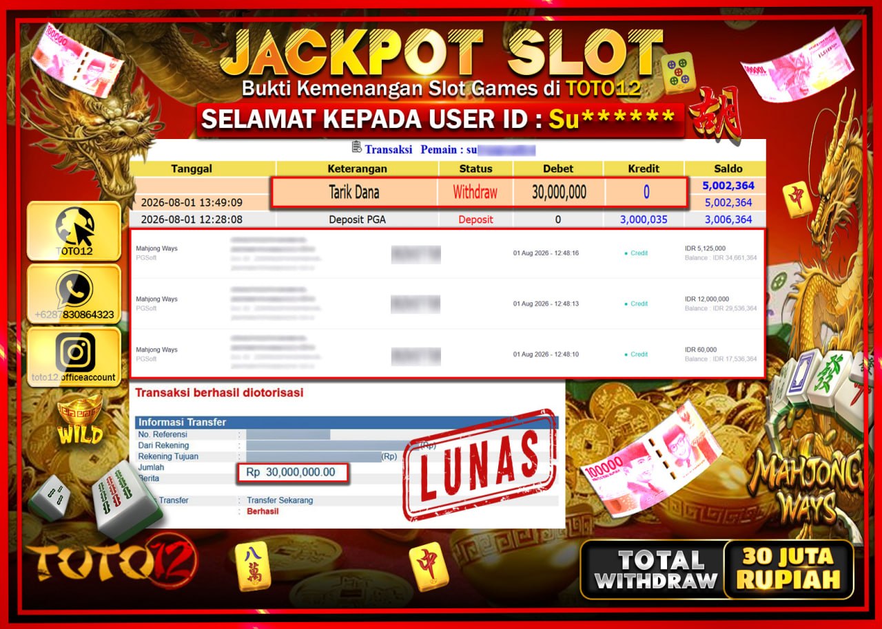 HANYA DI TOTO12 JP PASTI DI BAYAR LUNAS DAN CEPAT!!!!!! JACKPOT SLOT GAME (MAHJONG WAYS) Rp30.000.000!!!!
