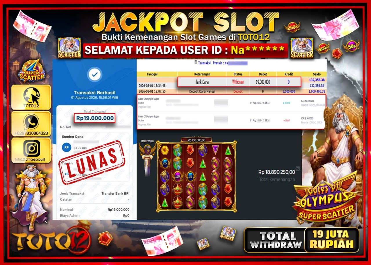 HANYA DI TOTO12 JP PASTI DI BAYAR LUNAS DAN CEPAT!!!!!! JACKPOT SLOT GAME (GATES OF OLYMPUS SUPER SCATTER) Rp19.000.000!!!!