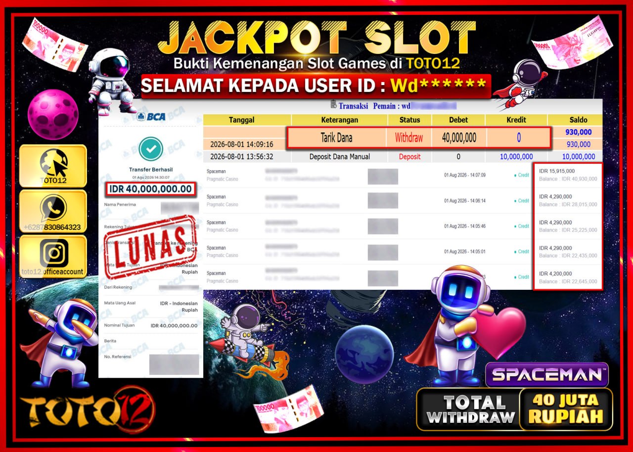 HANYA DI TOTO12 JP PASTI DI BAYAR LUNAS DAN CEPAT!!!!!! JACKPOT SLOT GAME (SPACEMAN) Rp40.000.000!!!!